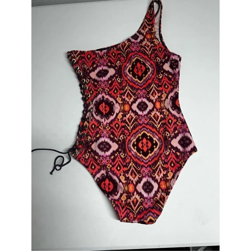 Victoria's Secret Red Pink Paisley One Shoulder Side Lace Up One Piece Swimsuit